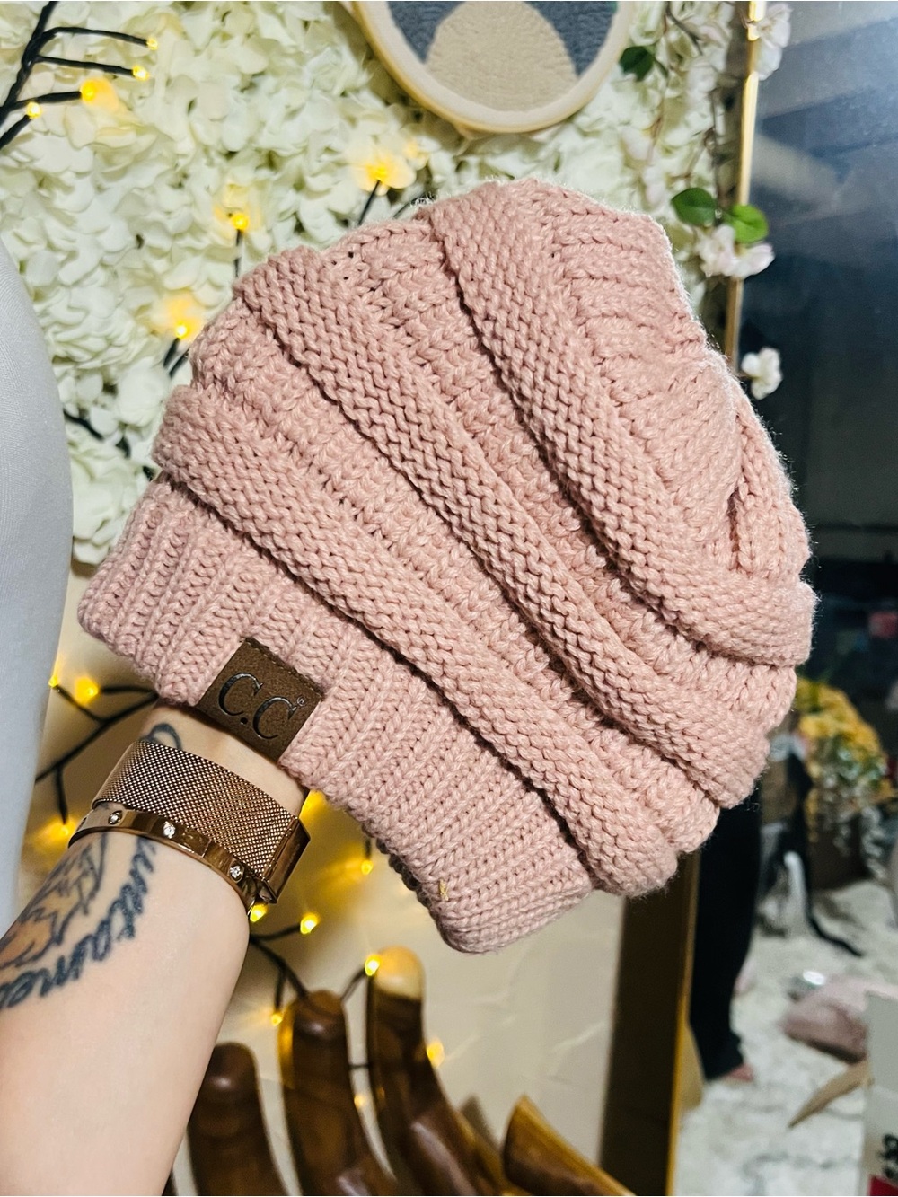 Knit Slouch Beanie in Dusty Pink
